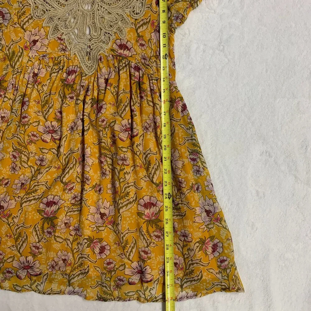 Free People Margot Floral Babydoll Mini Dress XS Yellow Lace Pockets